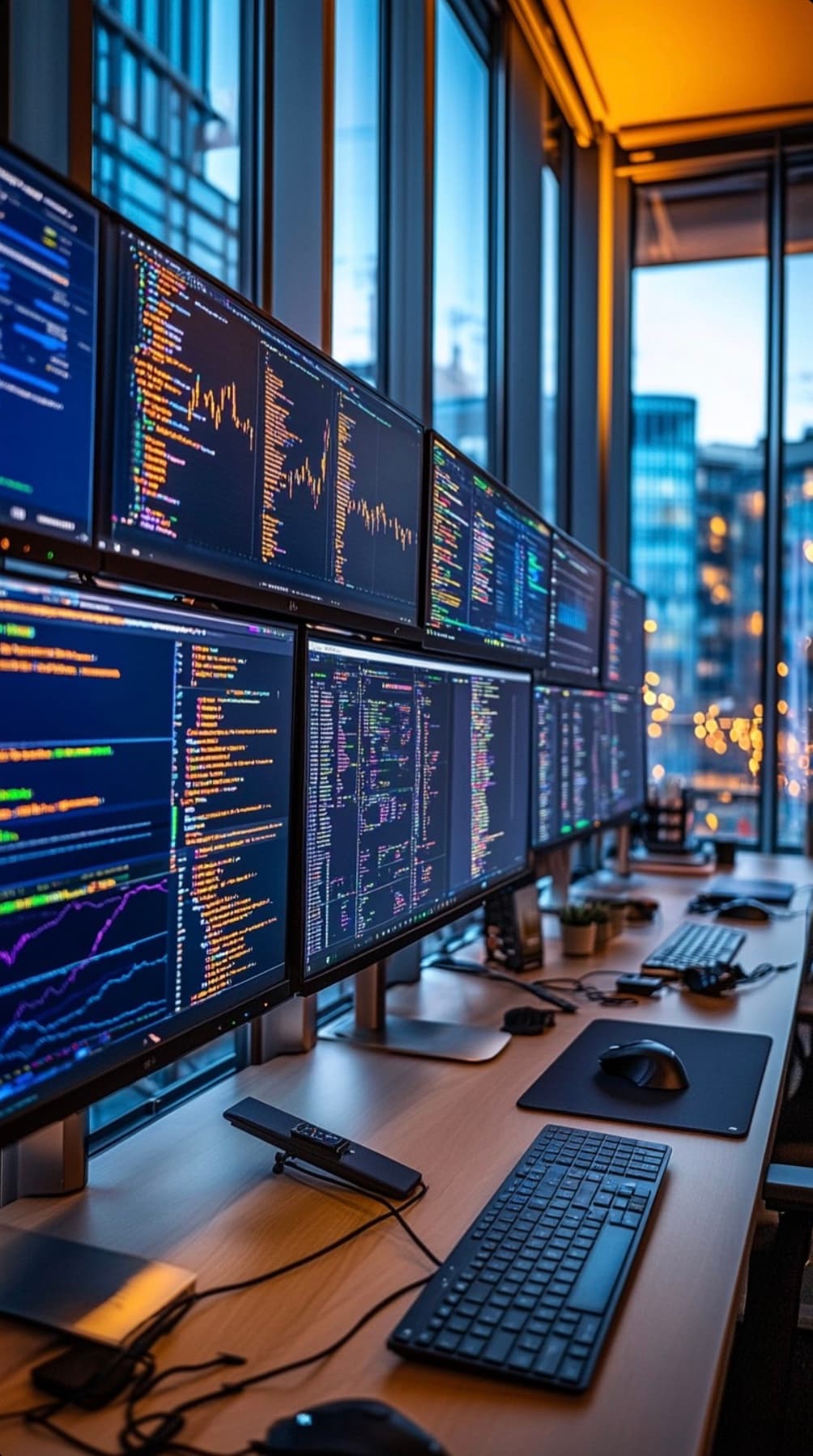 A bank of monitors filled with code and charts along a window wall at dusk