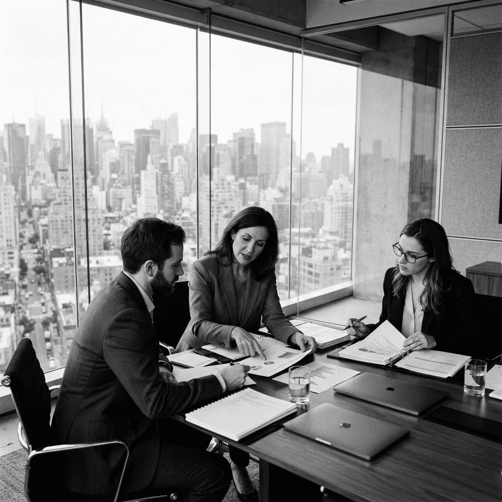 People reviewing documents at a table in a glass-walled room