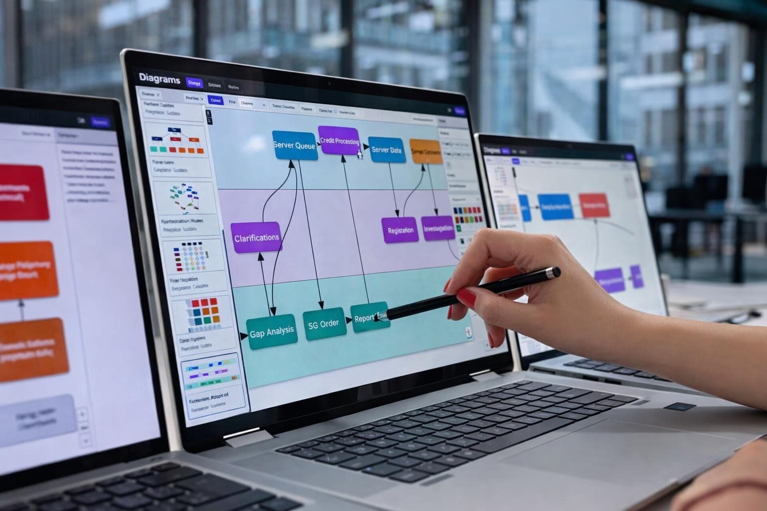 A hand with a stylus tracing a flowchart on a laptop screen, more diagrams on the screens beside it