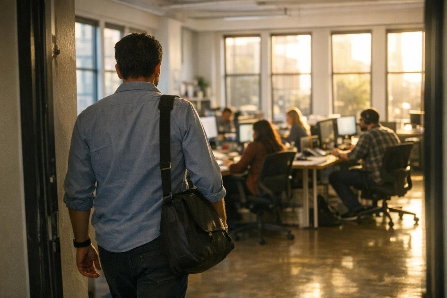 An engineer with a bag over one shoulder walking out of a bright office while the team keeps working at their desks