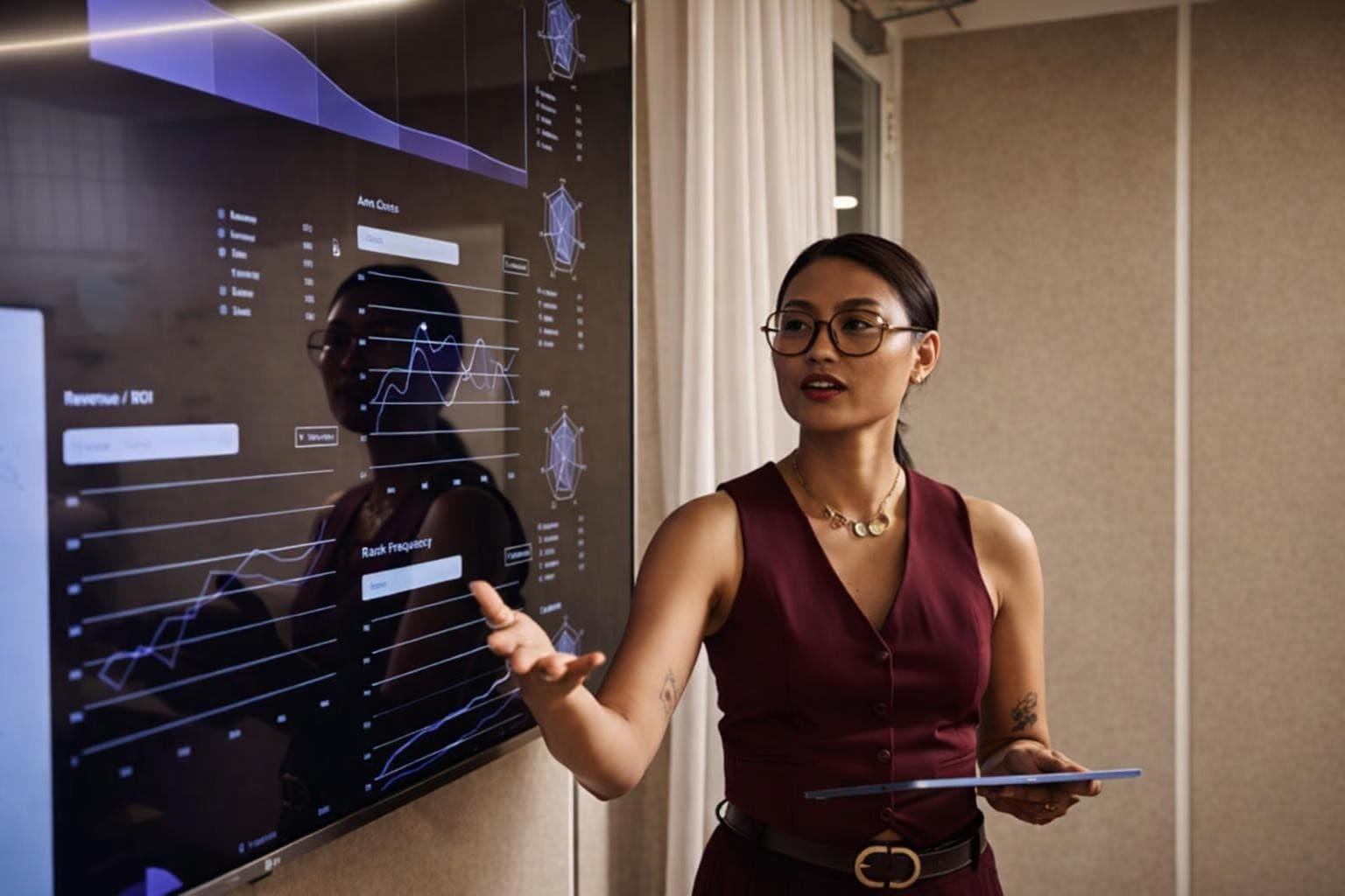 A presenter in glasses gesturing at a wall display of analytics charts, tablet in hand